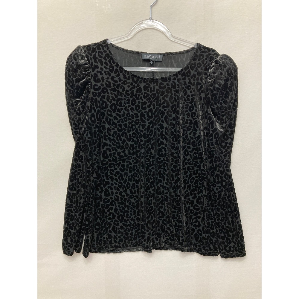 Eloquii Top 18/20 Black Leopard Burnout Velvet Puff Shoulder Long Sleeve Blouse
